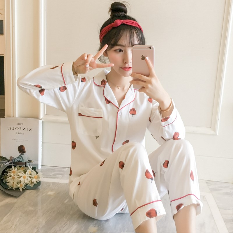 Korean version pyjamas women's spring autumn season strawberry pure cotton long sleeve winter style frescoed student's home clothes two-piece suit can be worn out