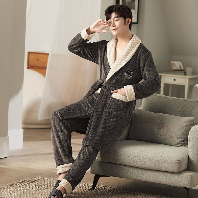 Coral suede pajamas for men's autumn and winter thickened gargantuan warm flannel suede sleeping robe bathrobe winter style suit home clothes