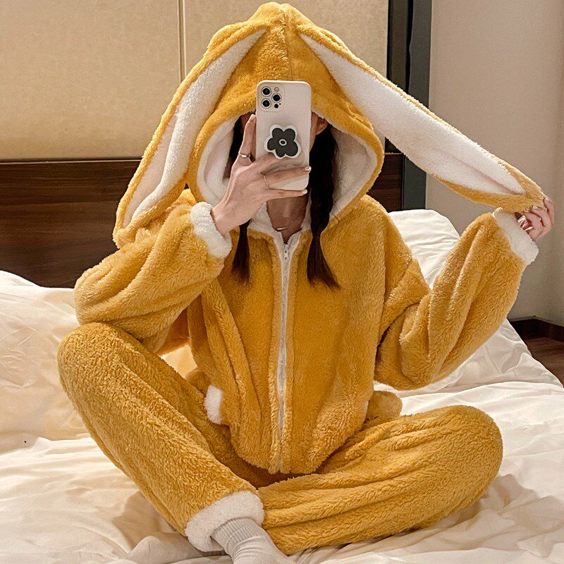 In autumn and winter 2021 new zipper girl thickens coral velvet cute flannel home suit suit