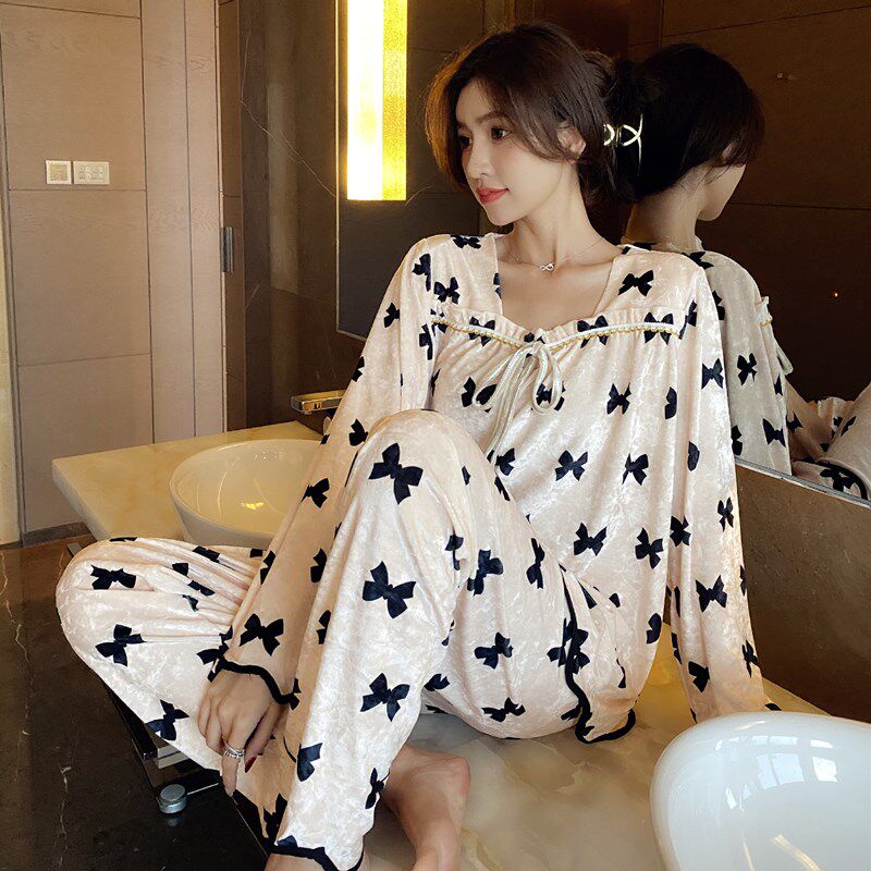 Golden Velvet Pyjamas Lady Spring Autumn Winter Sweet 2021 New extras Home Suits Suit Net Reddits