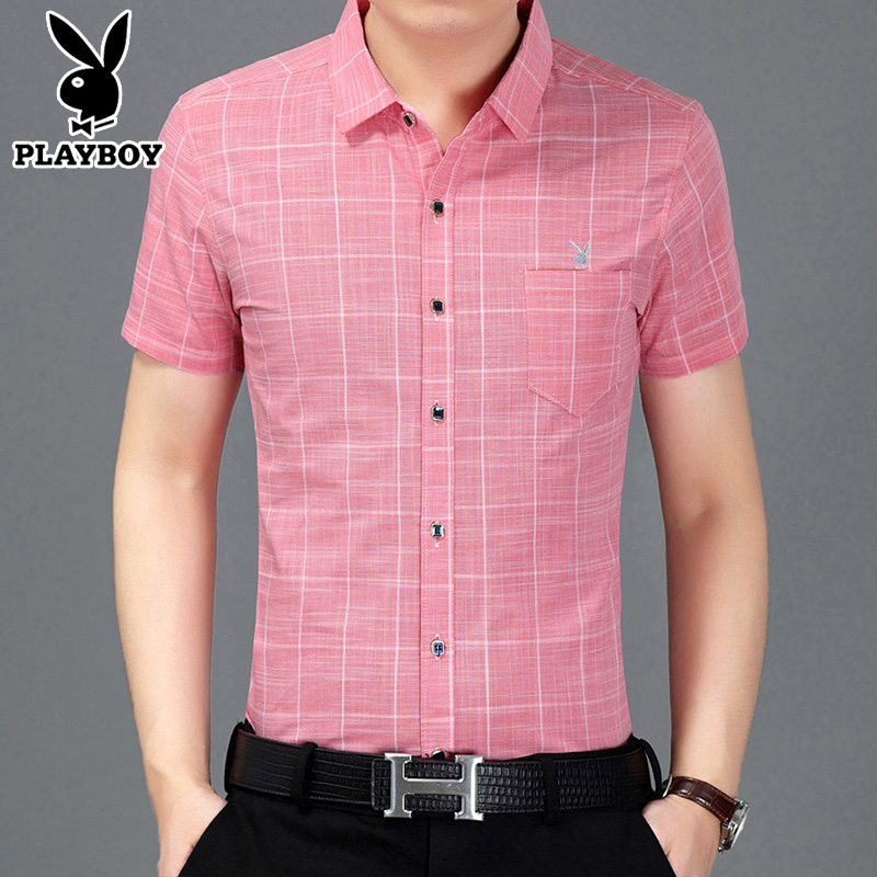 Playboy summer middle-aged men's short-sleeved shirt plus size men's plaid casual shirt striped half-sleeve shirt