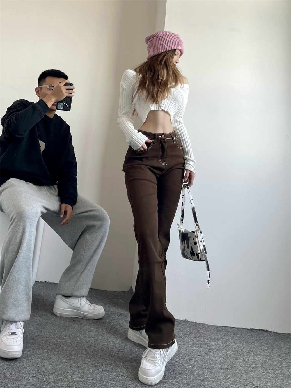 Renaissance personality palm coffee trawler jeans female soft bomb baby straight pants