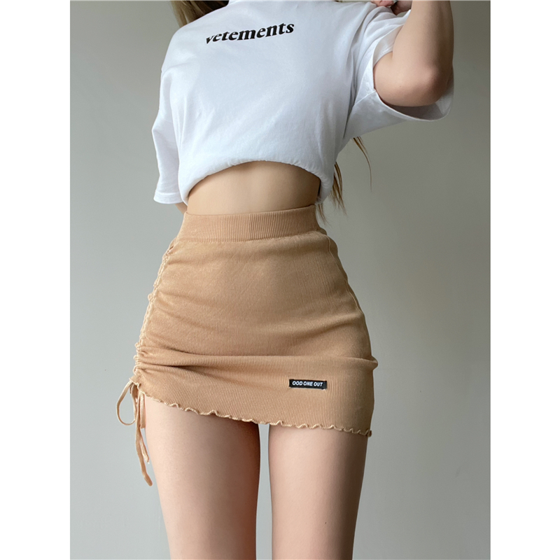 Pure and desirable spring and summer side drawstring pleated half-body knitted short skirt Women's high waist elastic hip skirt sexy