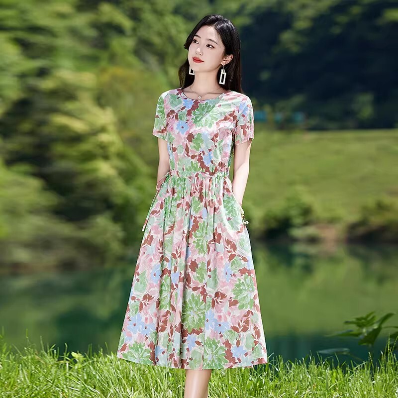 French Rouje Moaks Summer Thin Pure Cotton Printed Dress for Women, New Style, Stylish, Casual and Elegant Dress