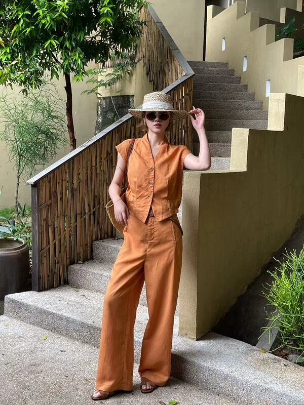 European Station 26 Summer V+.Com New Designer Style Old Money Style V-Neck Sleeveless Vest Wide-Leg Pants Set European Station 26 Summer V+.Com New Designer Style Old Money Style V-Neck Sleeveless Vest Wide-Leg Pants Set