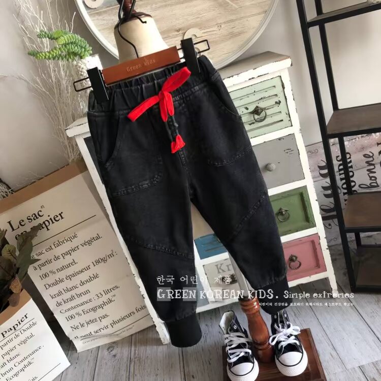 Sản phẩm dành cho trẻ em màu xanh lá cây | Trẻ em Hàn Quốc 18 năm mùa đông denim mềm thắt lưng màu đỏ đan quần jeans cao co giãn miệng quần quần jean lưng thun cho bé