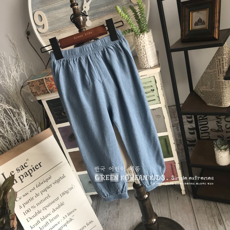 Màu xanh lá cây trẻ em sản phẩm | 18 năm của mùa hè băng lụa denim quần mỏng mềm mại và thoải mái chân chống muỗi quần mặt trời quần