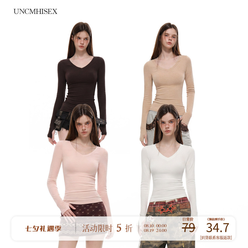 Uncmhisex Cashmere Slim-Fitting White Long-Sleeved T-Shirt for Women in Autumn and Winter Pure Color Tight-Fitting Bottoming Shirt Top
