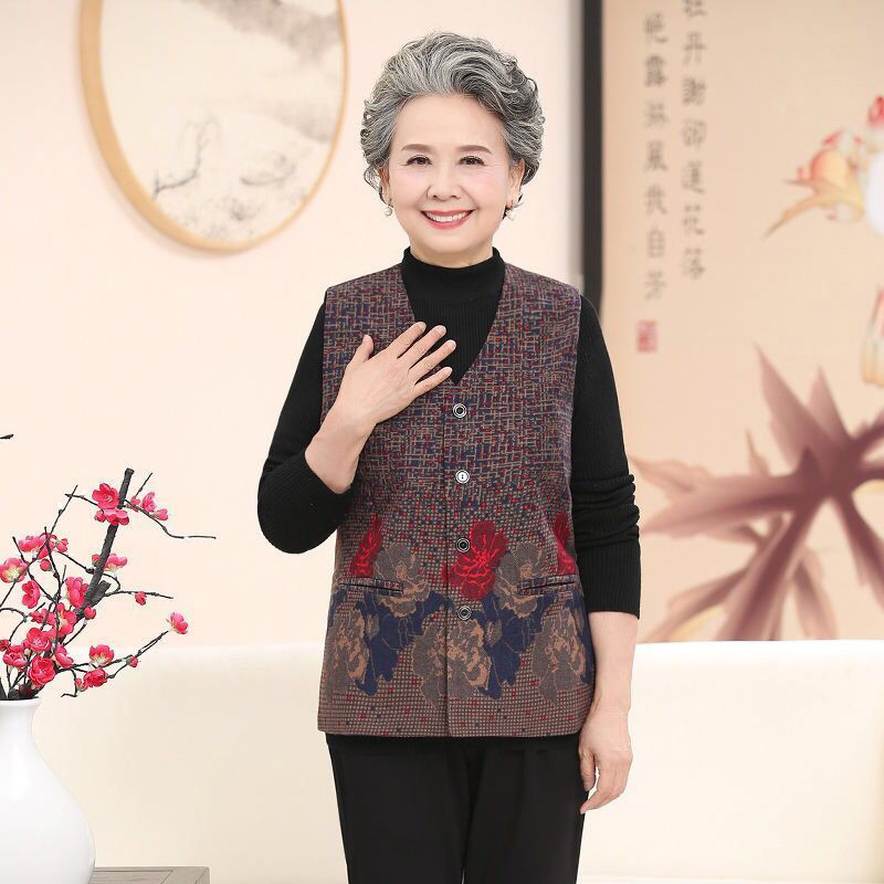 Mother's Spring Clothing Single-Layer Vest Thin Jacket for 50-Year-Old Middle-Aged and Elderly Women, Spring and Autumn Fabric Vest, Can Be Worn Inside or Outside
