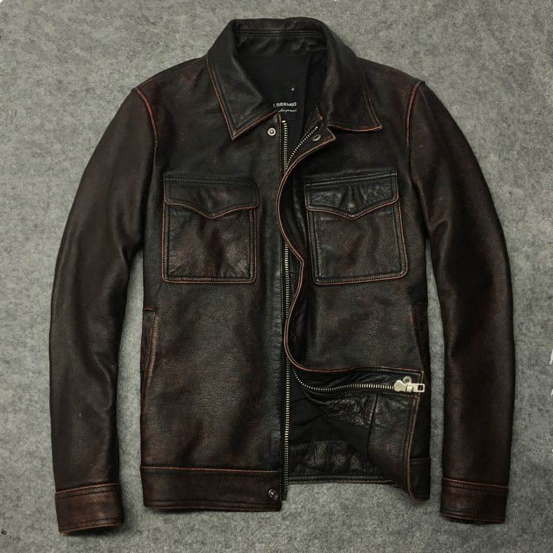 Retro leather jacket man made old head layer of cow leather stone grinding genuine leather leather collar to be covered with short leather jacket pure cow leather