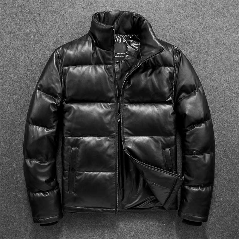 Thickened Youth Body Type Upright Collar Casual Sheep Leather Duvet Clothing Genuine Leather Leather Clothing Male Winter Coat Detachable Cap
