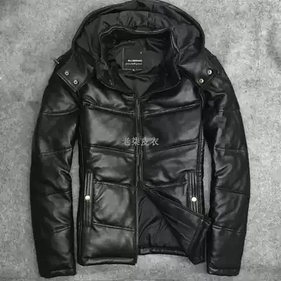 Winter locomotive new fashion detachable hat leather leather jacket down jacket male slim leather jacket sheep thick tide