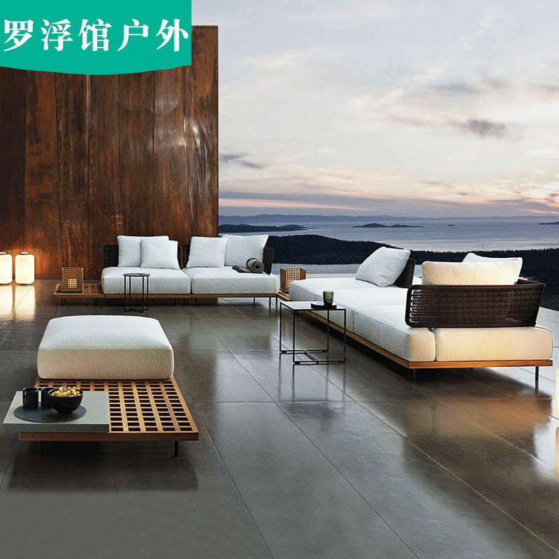 Nordic outdoor solid wood rattan sofa chair courtyard garden sofa combination outdoor villa terrace waterproof sunscreen chair