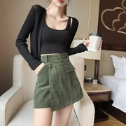 Mùa thu mới của phụ nữ quần nhung kẻ eo cao quần không đều váy màu rắn chân rộng mặc quần mỏng váy thủy triều