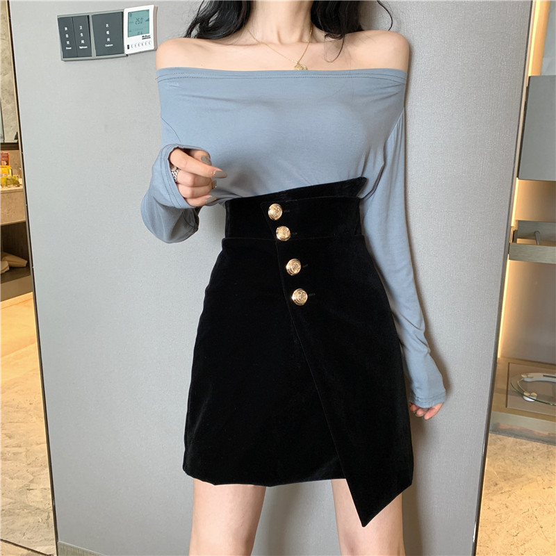 Summer new retro 100 lap half body dress with irregular short skirt High waist display slim A character pure color little black dress