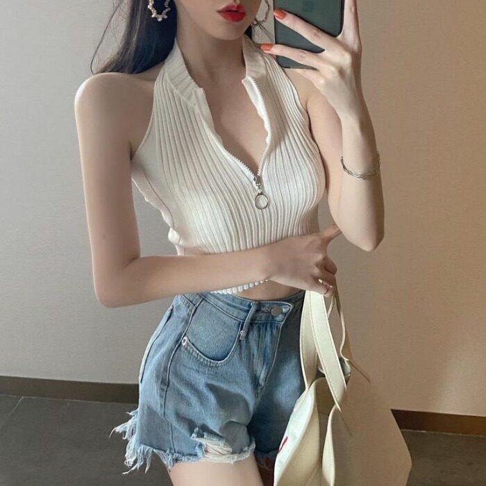 Vest suspenders women's 2022 summer new sexy navel short knitted bottoming shirt fashion zipper sleeveless top