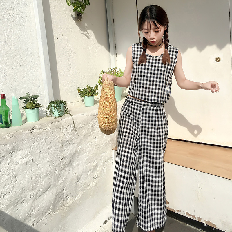 韩版时尚休闲套装夏季女装格子背心上衣+开叉阔腿裤九分裤两件套
