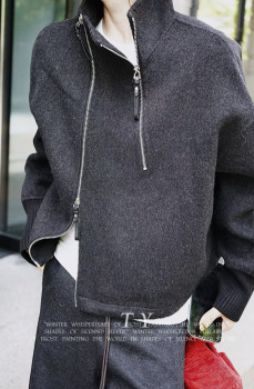 欧洲站2025秋冬设计感立领双拉链针织拼接袖羊绒羊毛双面昵外套女
