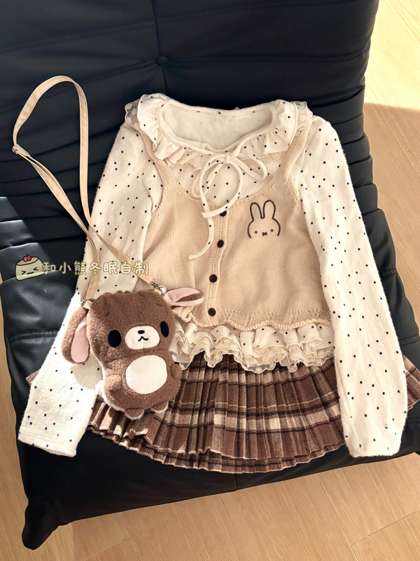 Cute Miffy Rabbit in Hibernating Bear Style, Coffee-Colored Polka Dot Base Shirt, Layered with Knitted Vest and Plaid Skirt Three-Piece Set