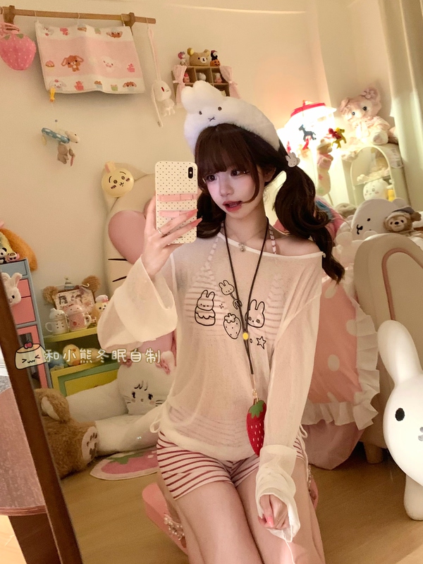 Cute Miffy Rabbit Red Bikini Three-Piece Set Conservative Slimming Long-Sleeve Cover-Up Swimsuit for Women