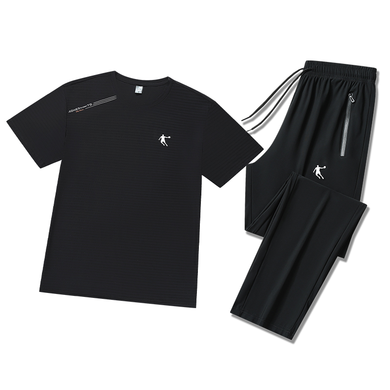 Jordan Men's Sports Suit Summer Ice Silk Breathable Casual Middle-Aged and Elderly Short-Sleeved Long Pants Large Size 120kg Men's Quick-Drying