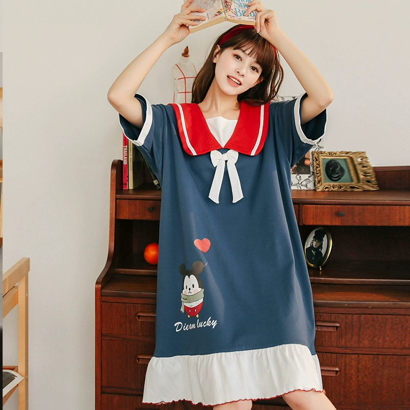 [Tanfenni] 8128 # M L XL XXL (cotton) mùa hè nữ váy ngủ cotton ngắn tay hoạt hình - Đêm đầm