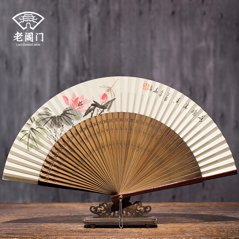 Old Chang gate summer silk hand-painted double-sided ancient fan folding fan female Chinese style classic folding portable