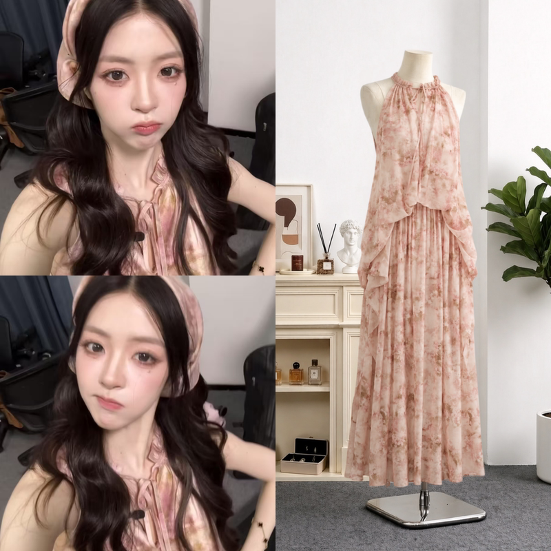 Liu Liu Xu Green Yang's Same Style Drawstring Halter Neck Printed Dress, French Pastoral Style, Relaxed and Lazy Vibe, Summer Vacation Long Dress