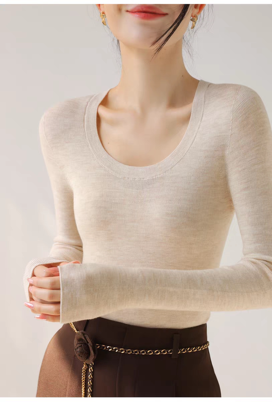 High-End Ultra-Fine All-Wool U-Neck Slim-Fit Knit Sweater for Women, 2026 Spring Long-Sleeve Pullover Base Sweater, White