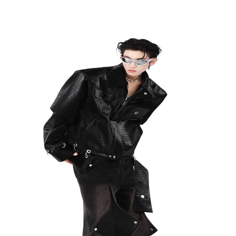 2024 Original Niche Crocodile Pattern Shoulder-Padded Pu Leather Jacket with Patchwork Design, High-End Men's Outerwear