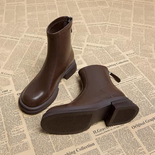 真皮靴子女秋冬2025新款韩系短靴女法式粗跟小踝靴巨好看瘦瘦靴
