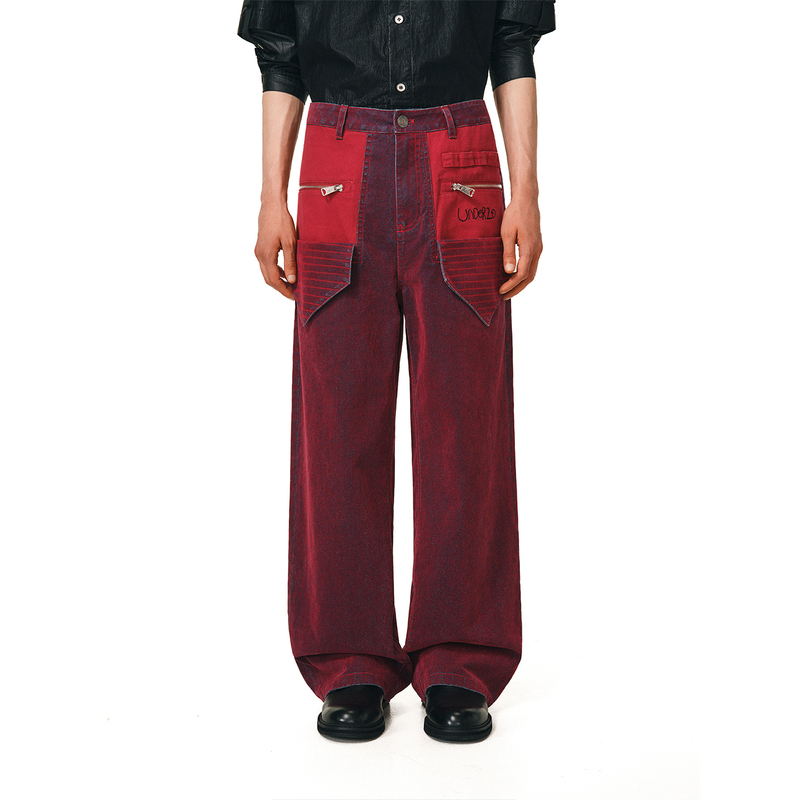 Under20 Rose Polaroid Envelope Pocket Jeans Men's Autumn Red Loose Straight-Leg Pants