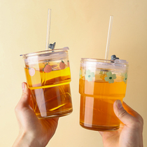 Straw glass cup household drinking cup with lid girl Summer household ins Wind Scale milk tea cup beverage cup