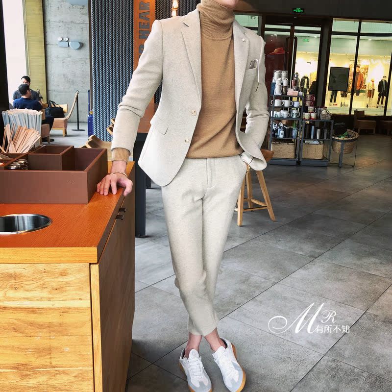 Bộ đồ len dày mùa đông màu dày phù hợp với bộ đồ đơn ngực nam phiên bản Anh của Hàn Quốc áo dài nam