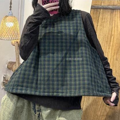 Vintage Washed Linen Corduroy Vest for Women, New Autumn and Winter Style, Quilted Plaid Reversible Jacket Vest, Trendy