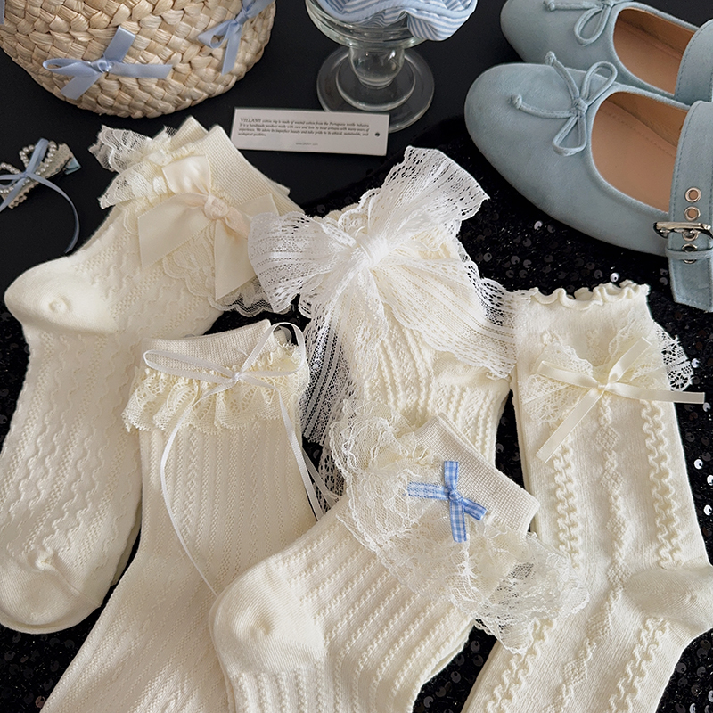 New Lace Bow Socks for Women, Mid-Calf Socks, White Pure Cotton, Ballet Style, Summer Thin White Girls' Long Socks
