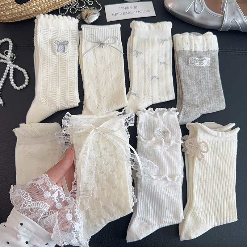 White Bowknot Socks for Women, Mid-Calf Mesh Breathable Ruffled Edge Summer Thin Cotton Socks, Slouchy Long Socks