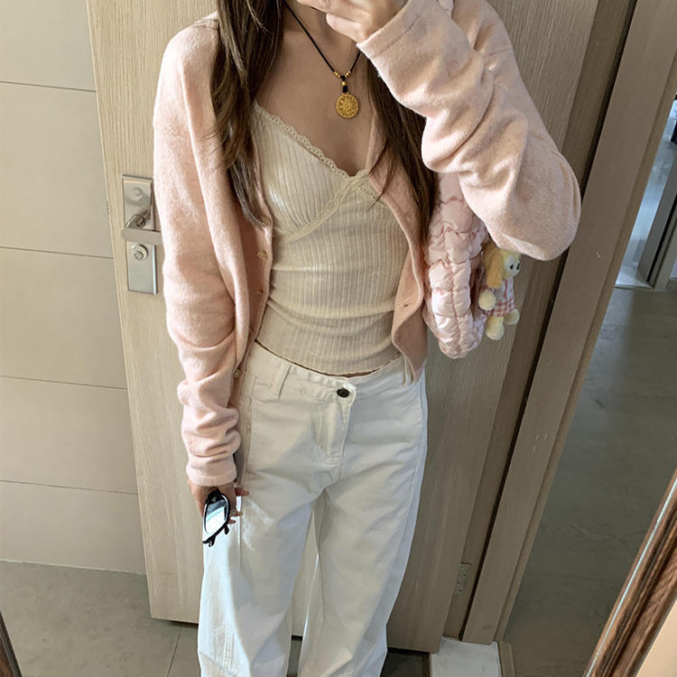 2026 New Early Autumn Pink Sweater Cardigan for Women, Soft and Lazy Style, Short Knit Jacket Outerwear