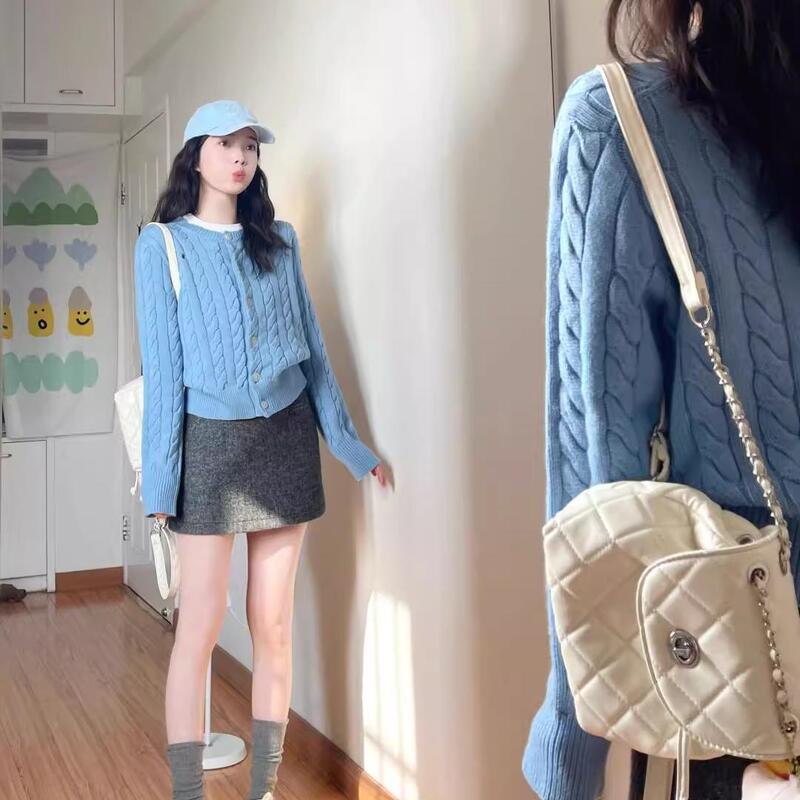 Blue Cable Knit Cardigan for Women, Spring and Autumn 2026 New Korean Style Gentle Knitted Short Jacket Blue Cable Knit Cardigan for Women, Spring and Autumn 2026 New Korean Style Gentle Knitted Short Jacket