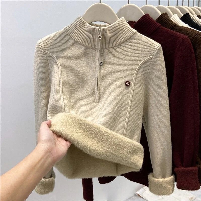 Stand Collar Half-Zip Inner Knit Sweater for Women, Fleece-Lined and Thickened, Suitable for Spring, Autumn, and Winter, Half-High Collar, Regular Shoulder, Base Layer Shirt Stand Collar Half-Zip Inner Knit Sweater for Women, Fleece-Lined and Thickened, Suitable for Spring, Autumn, and Winter, Half-High Collar, Regular Shoulder, Base Layer Shirt