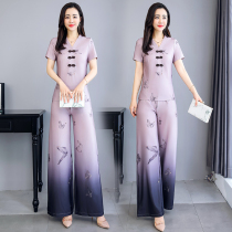 Zhang Cai Feiyue new wide leg pants 2020 summer fashion print disc buckle short sleeve trousers temperament elegant set