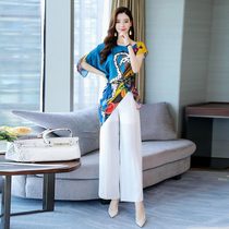 Zhang Cai Feiyue Chiffon Irregular Top Fashion Temperament Personality Set 2021 Summer Wide Leg Pants Two-piece Set