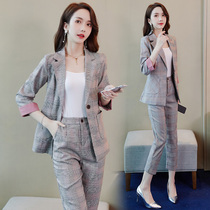 Flying moon plaid suit suit female Korean version of the British retro slim slim tooling professional suit 2021 cropped pants