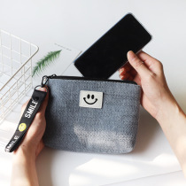 Japan-ROK pure colour cloth art handbag female style cross section zipped mobile phone bag Jane about suede hand carry bag with zero money containing bag