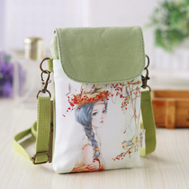 Korean crossbody mobile phone bag womens shoulder bag cartoon canvas hanging neck mobile phone bag hand carrying small cloth bag mini bag