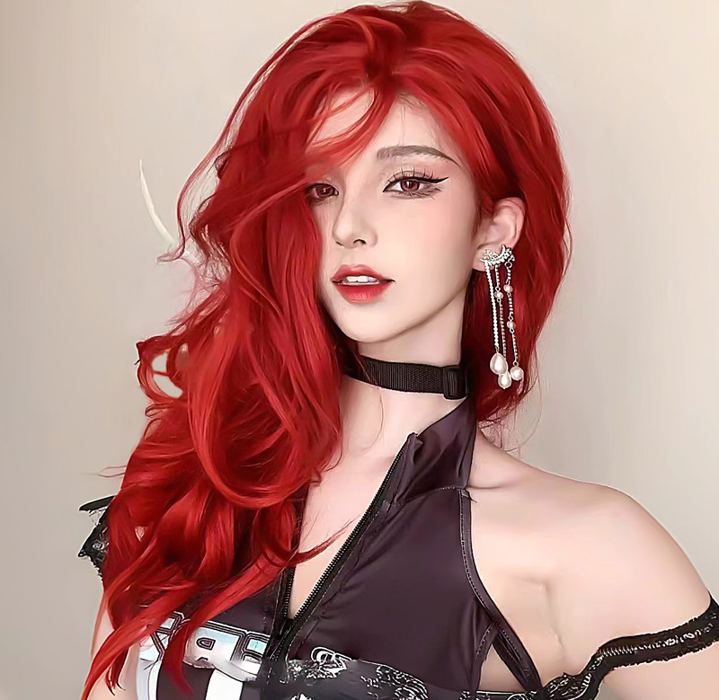 Wig for Women, Long Hair, New Style, Sea King Red, Full Head Wig, Big Wavy Long Curly Hair, Side Bangs, Daily Wig Set Style