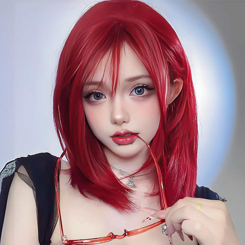 Wig for Women with Short Hair, New Style, Internet Celebrity Full Head Wig, Red Bob, Naturally Brightening, Bangs, Fluffy Wig Set