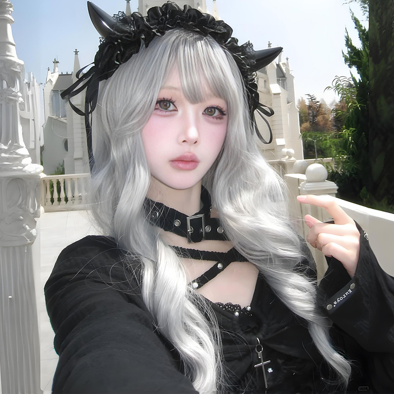 Wig for Women, Gothic Lolita, Little Witch Cosplay, Long Curly Hair, Big Waves, Silver-Gray, Full Bangs, Natural Full Wig