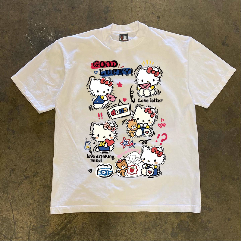 Earn Money to Buy a Sports Car 300g Pure Cotton American Trendy Brand Fun Hello Kitty Printed Short-Sleeved T-Shirt for Men and Women, Versatile and Trendy