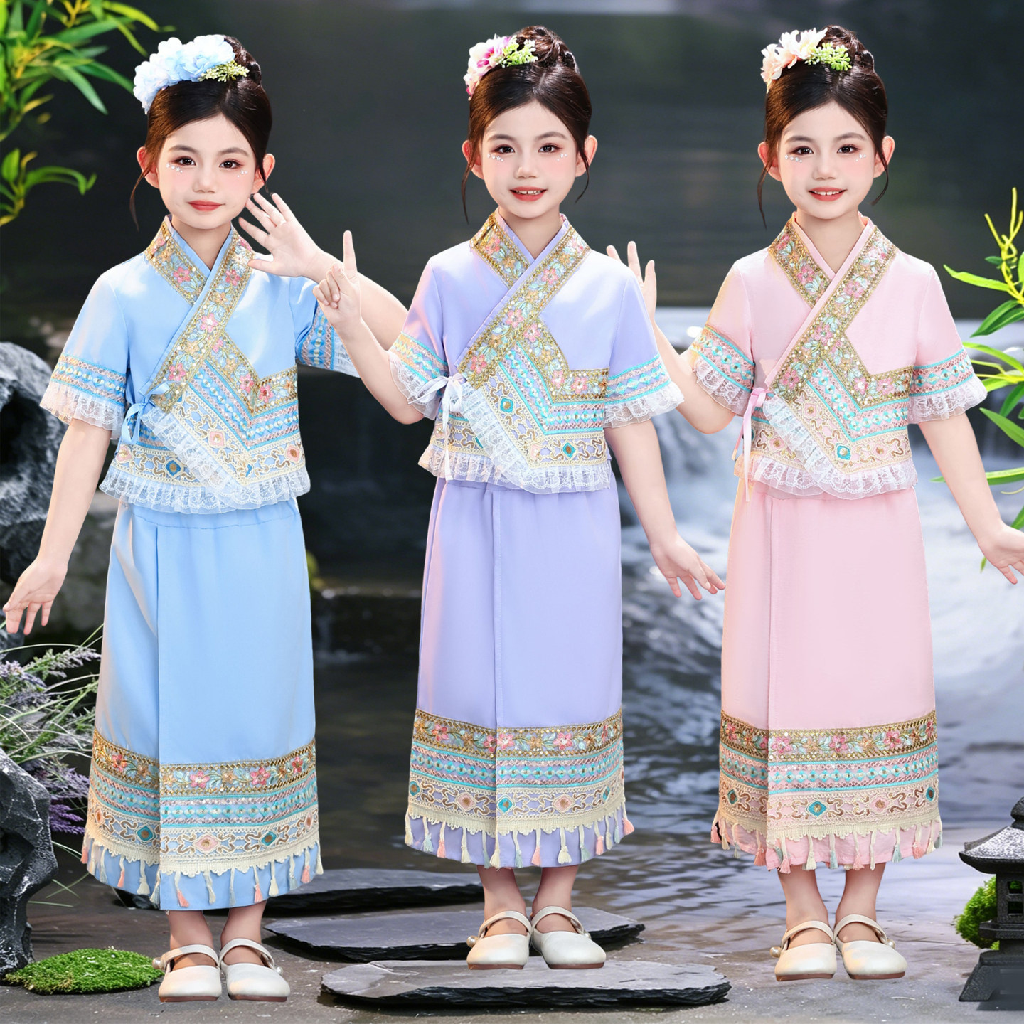 こどもの日 女の子用民族衣装、西双版納旅行セット、タイ族少数民族旅行写真撮影用衣装